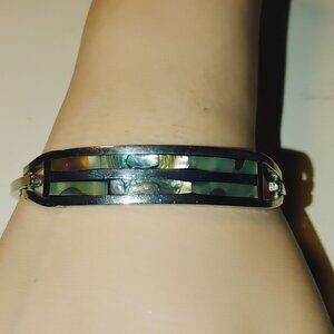 Double Row Bangle Bracelet Abalone Shell Vintage Mexican Alpaca Silver Hinged